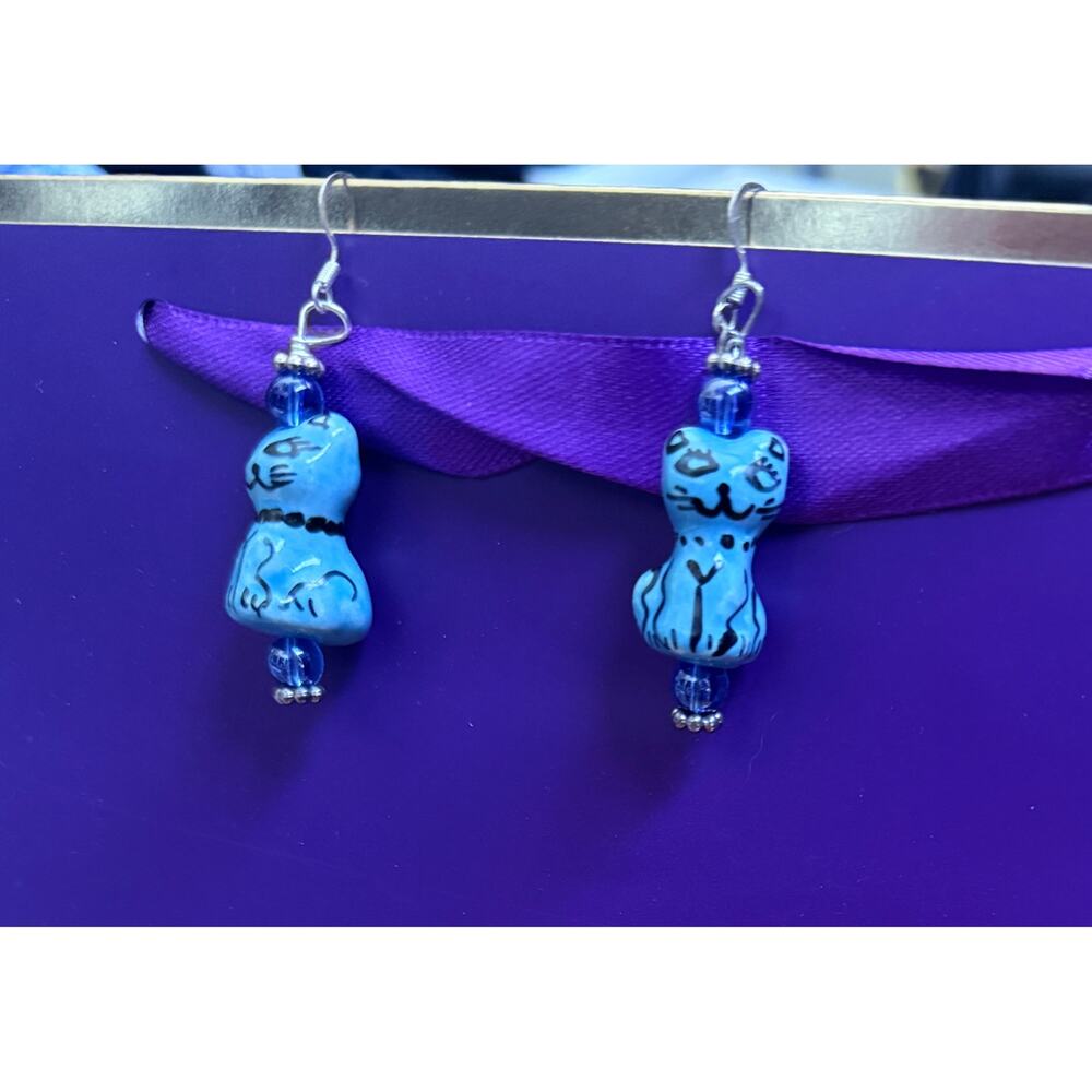 Ceramic Blue Cat Earrings Silver Tone Hooks EUC